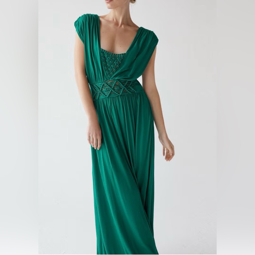 Uterque Crochet Emerald Boho Maxi Dress